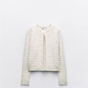 Zara Ivory Textured Pearl Knit Cardigan